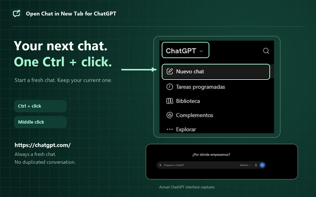 Extension materials showing real captures of the ChatGPT and Nuevo chat navigation controls, alongside an empty chat screen. Captured interface labels are in Spanish.