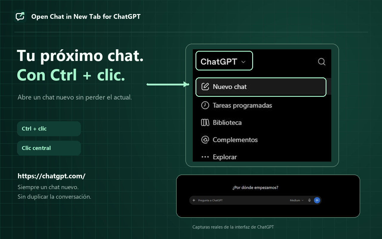 Material de la extensión con capturas reales de los controles ChatGPT y Nuevo chat, y la pantalla de un chat vacío.